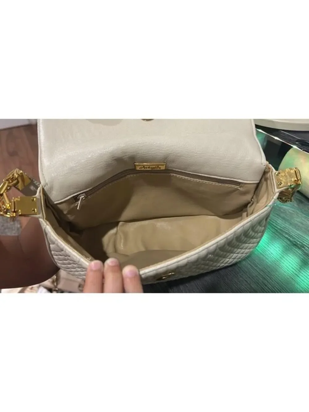 Ashneil Beige Genuine Leather Shoulder Bag&Gold Chain Strap
